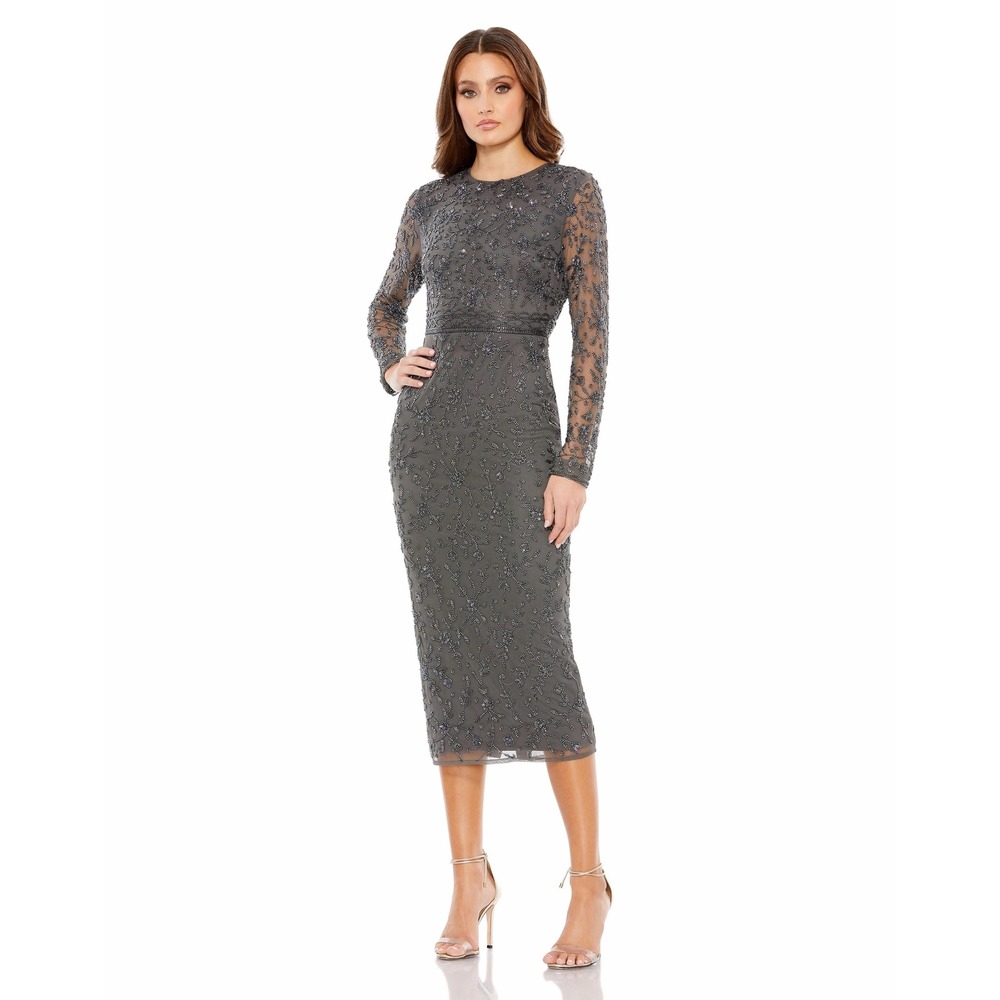 Mac Duggal Beaded Long Sleeve Midi Dress Charcoal Gray Floral Sequin 10812 Sz 10